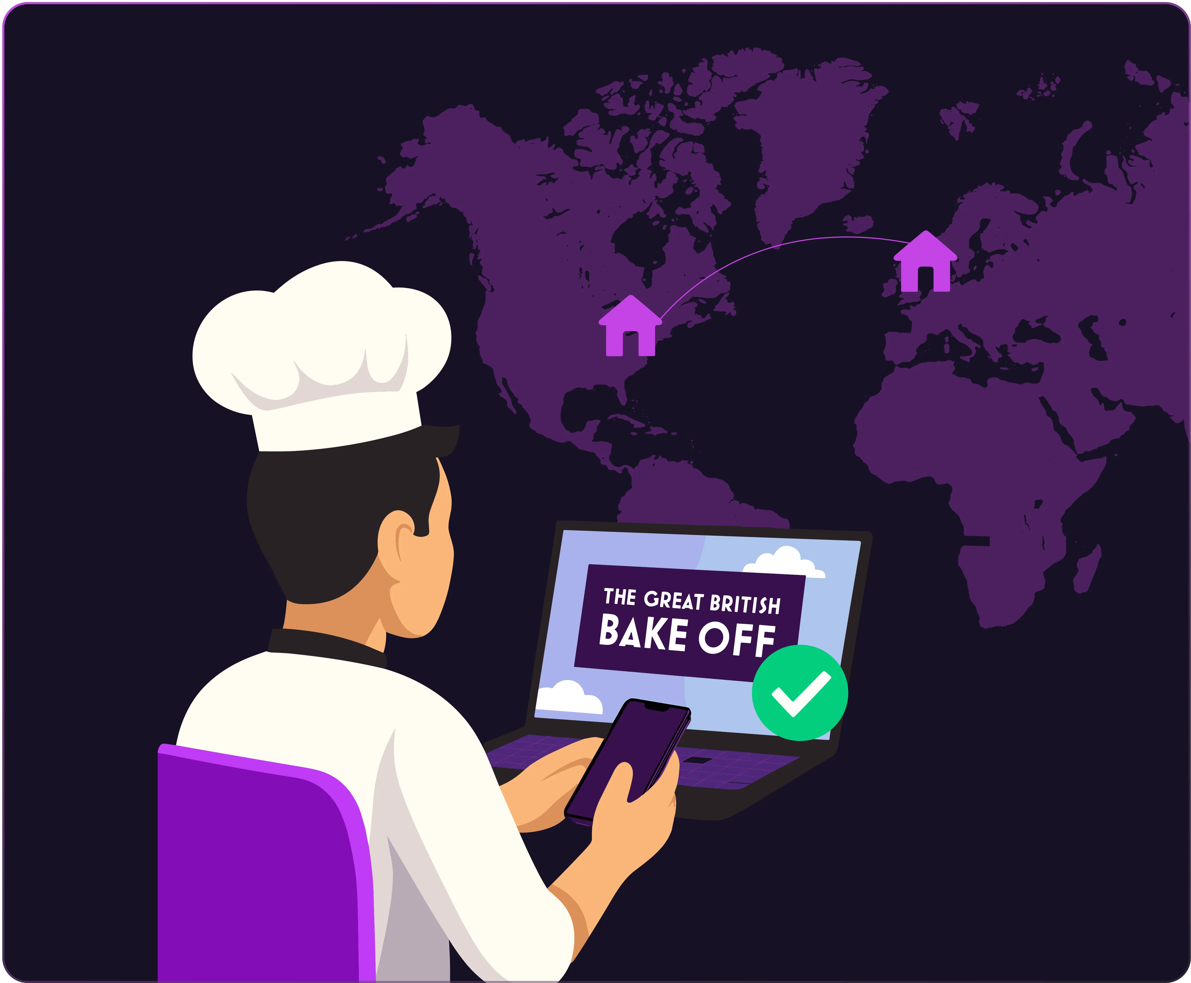 Illustration of a chef holding a phone while watching ‘The Great British Bake Off’ on a laptop, with a world map and connection icons in the background.